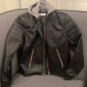 Boys vegan leather jacket with removable hoodie